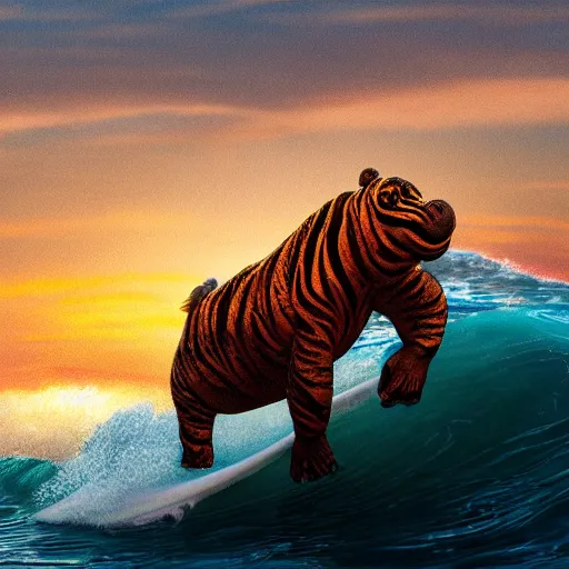 Image similar to a closeup photorealistic photograph of a cute smiling knitted tiger hippopotamus riding a wave at sunset. surf in background. professional capture. brightly lit scene. this 4 k hd image is trending on artstation, featured on behance, well - rendered, extra crisp, features intricate detail, epic composition and the style of unreal engine.