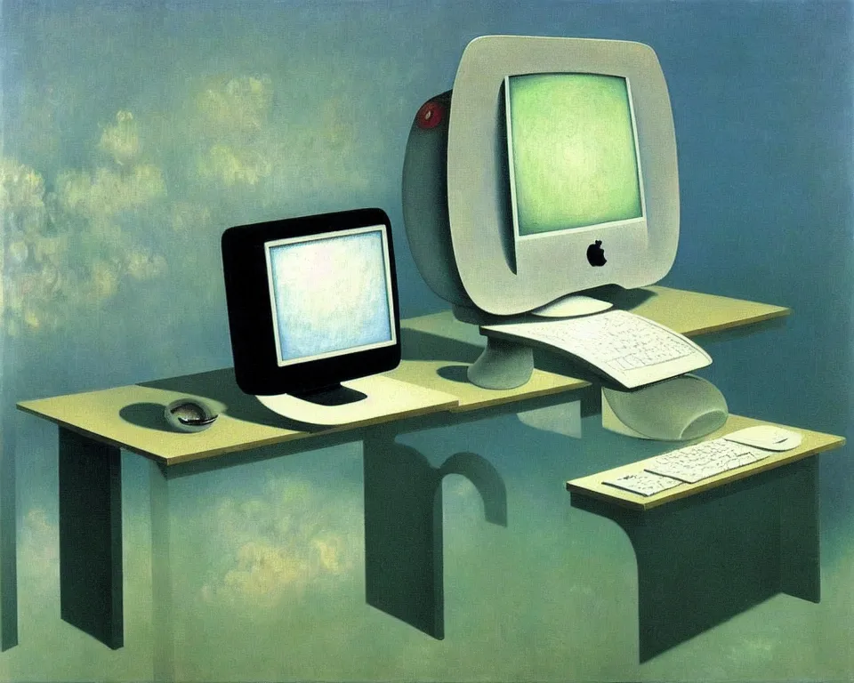 Image similar to achingly very beautiful painting of a imac g 3 by rene magritte, monet, and turner. whimsical.
