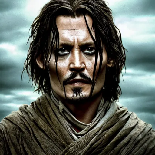 Image similar to symmetry!! portrait of johnny depp starring in the lord of the rings as aragorn, detailed - face!!, wide - angle!!, cinematic, intricate, elegant, highly detailed, film still, nikon, canon eos, zeiss lens, dramatic lighting, sharp - focus!!, photography!!