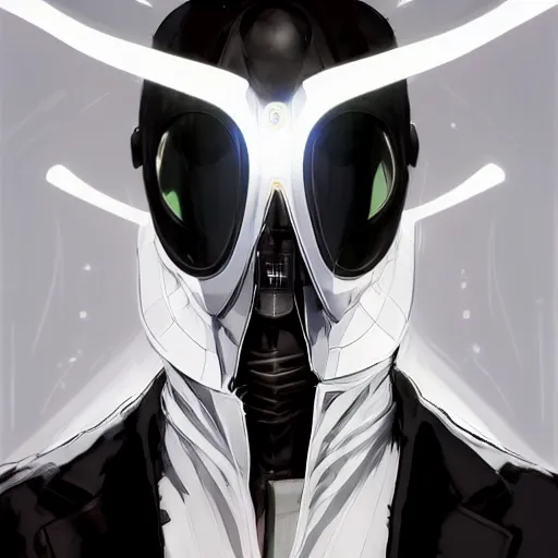 Image similar to full body portrait of a character in sleek clothes, in a futuristic flowing white tailcoat, wearing a white insectoid mask with many lenses for eyes, many eyes, dramatic lighting, illustration by Greg rutkowski, yoji shinkawa, 4k, digital art, concept art, trending on artstation