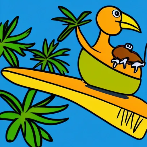 Image similar to cute illustration of a dodo bird surfing. super cute. tropical. colorful.