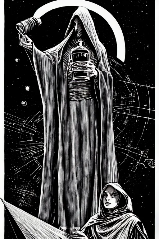 Image similar to cloaked wizard holding magic potion, high details, intricately detailed, by vincent di fate, inking, 3 color screen print, masterpiece, trending on artstation,, sharp, details, hyper - detailed, hd, 4 k, 8 k