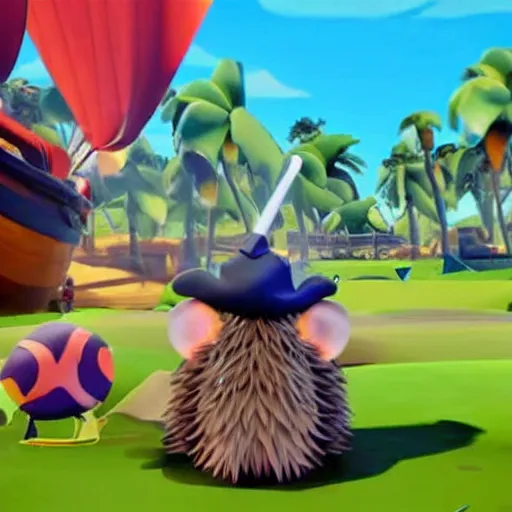 Image similar to hedgehog playing golf in sea of thieves, hedgehog wearing a pirate hat, cute, colourful, happy, adorable