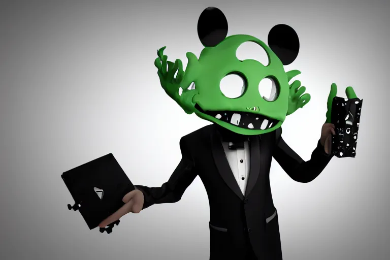 Prompt: a friendly monster in a deadmau 5 mask, wearing a suit. nvidia render, tim burton style, black background