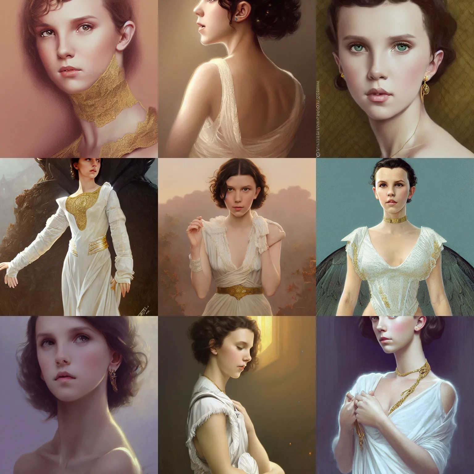 Prompt: millie bobby brown, white lace clothing, gold accessories, elegant, highly detailed, digital painting, matte, sharp focus, art by artgerm, greg rutkowski, alphonse mucha, frank frzetta, boris vallejo, bouguereau, cinematic