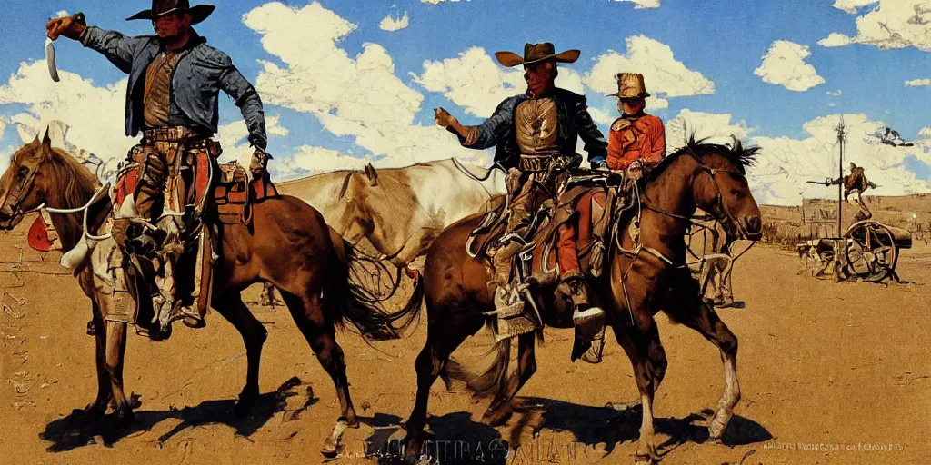 Image similar to Cyborg riding a horse in the wild west street. Norman Rockwell style. Ultra-high details.