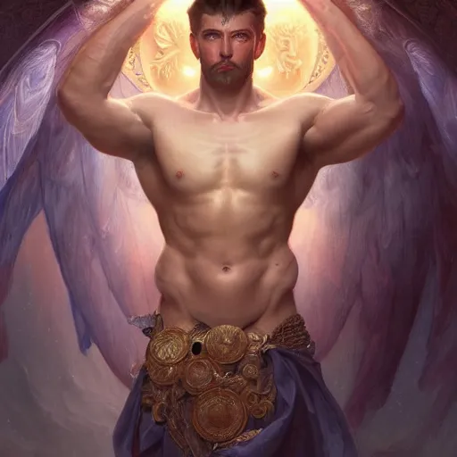 Prompt: portrait of a heavenly god, male, masculine, celestial, full body, muscular, fantasy, intricate, elegant, dramatic lighting, highly detailed, digital painting, artstation, concept art, matte, sharp focus, illustration, art by artgerm and greg rutkowski and alphonse mucha