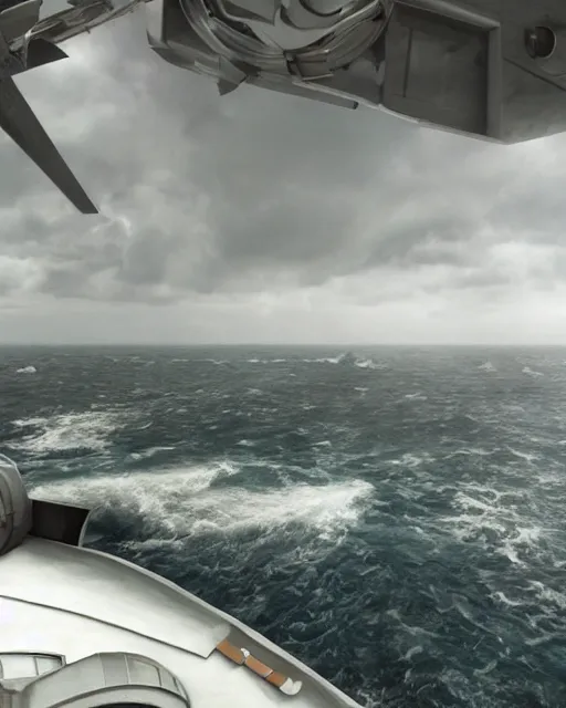 Image similar to view from an aircraft carrier of stormy seas, stormy weather, unreal engine, hyper realism, realistic shading, cinematic composition, realistic render, octane render, detailed textures, photorealistic, ultrawide shot, 16mm lens