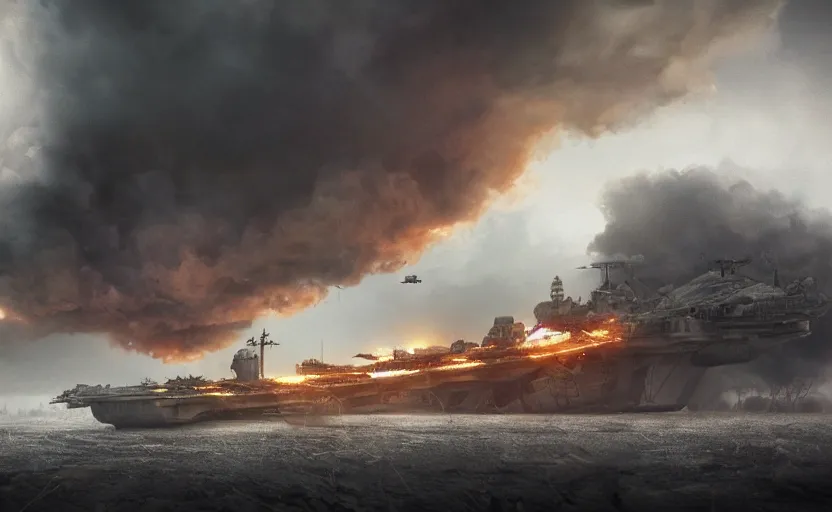 Image similar to an immense steampunk aircraft carrier crashed and burning in a field, thick black smoke billowing, turbulent storm clouds, dystopian, sharp focus, octane render, imax