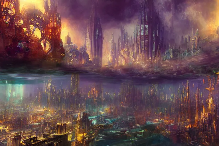 Prompt: an epic landscape view of a vast underwater metropolis, with glowing windows, towers, spires, parapets, balconies, bridges, glass, crystal, with colorful fish and sea creatures, painted by craig mullins and tyler edlin, close - up, low angle, wide angle, atmospheric, volumetric lighting, cinematic concept art, very realistic, highly detailed digital art