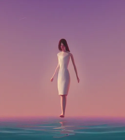 Image similar to a woman in a white dress standing in the water, an album cover by mike winkelmann, behance contest winner, cubo - futurism, synthwave, outrun, chillwave, trending on artstation