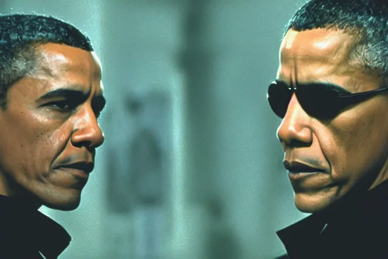 Image similar to a film still of Barack Obama in The Matrix (1999), dramatic lighting