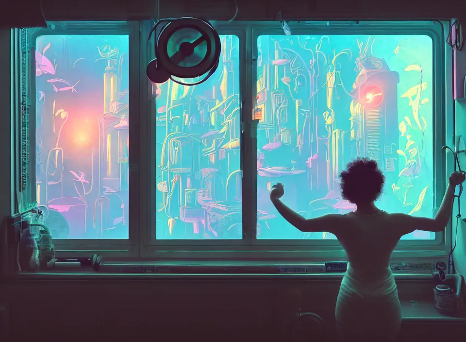 Image similar to telephoto 7 0 mm f / 2. 8 iso 2 0 0 photograph depicting the feeling of power in a cosy cluttered french sci - fi ( art nouveau ) pale cyberpunk apartment in a pastel dreamstate art cinema style. ( aquarium, weight lifting, window ( city ), led indicator, lamp ( ( ( gym ) ) ) ), ambient light.