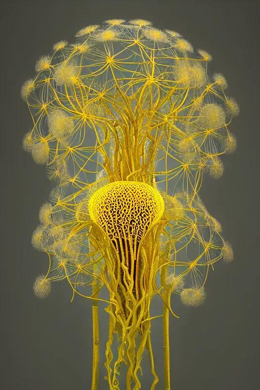 Image similar to intricate hyper detailed ultra sharp 3 d render of a lorde, unity of mood, large pore fungi embroidered, bright light, art nouveau, haute couture alexander mcqueen leaves stems dahlia transparent fractal dandelion yellow pistil filigree roots, octane render, volumetric cinematic lighting, 8 k post - production