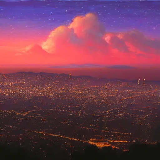 Image similar to a fantastical painting of dusk over san francisco bay area,, epic light scene, spectacular, finely detailed, whimsical, contemporary, mixed - media, award winning, 8 k, trending on artstation, volumetric lighting, octane render uhd artwork by bob ross