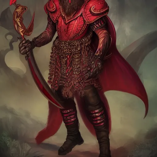 Prompt: dnd portrait of a tiefling, male, red scales, a big black beard, completely golden eyes, 2 curved horns growing out of his forehead,