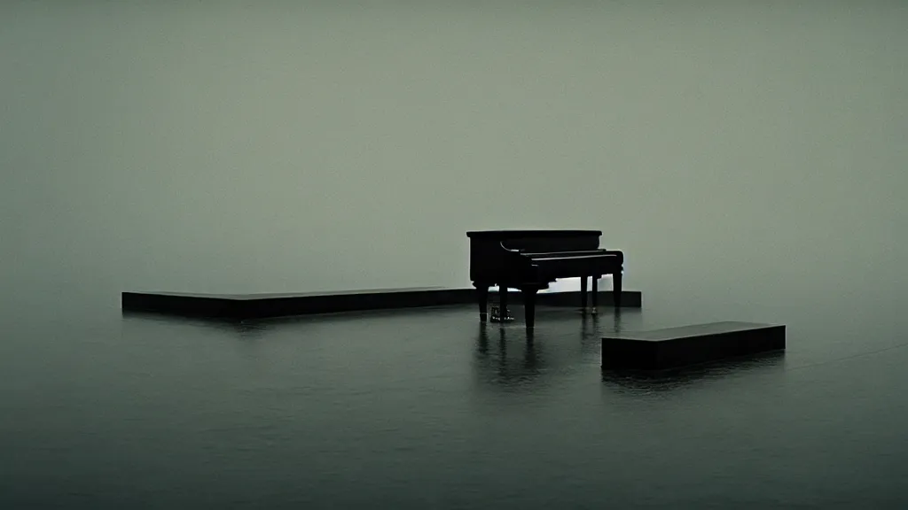 Image similar to the giant piano, made of water, film still from the movie directed by Denis Villeneuve with art direction by Zdzisław Beksiński, wide lens