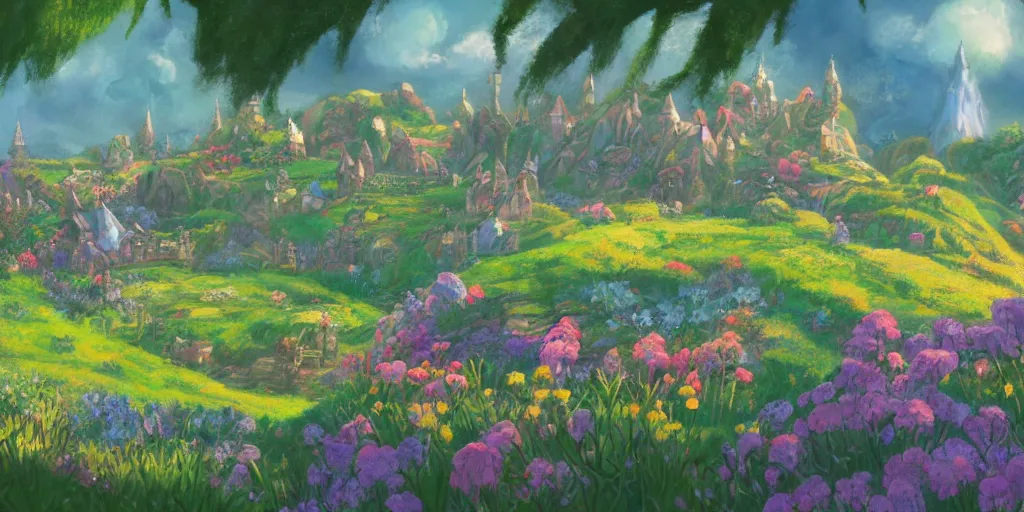 Image similar to a still of a background from howl's moving castle!!!!! of hobbiton, light bloom