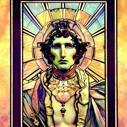 Prompt: a dramatic ethereal epic symmetrical painting of a handsome augustus caesar | tarot card, art deco, art nouveau, steampunk, realistic | by louis comfort tiffany and alphonse mucha | trending on artstation