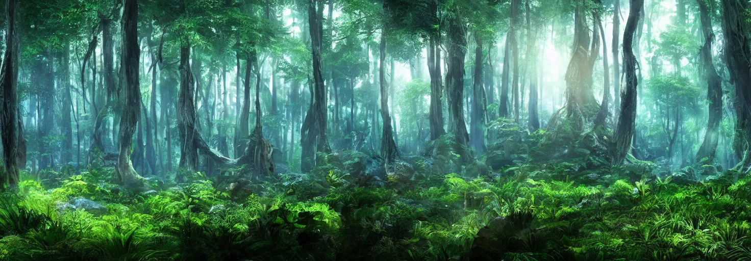 Image similar to a forest with glowing plants, wide shot, cinematic, ultra realistic, ultra detailed, in style of avatar movie