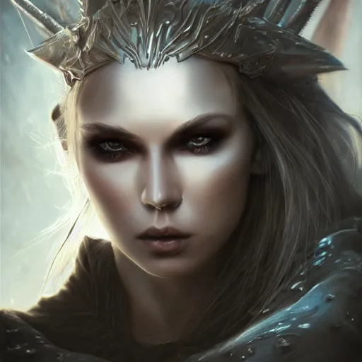 Image similar to kerli koiv, nordic goddess, darkwave, darksynth headshot character portrait, sharp, digital matte painting, art by luis royo, greg rutkowski, wlop, dramatic lighting, trending on artstation