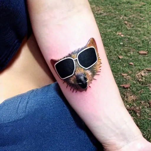 Prompt: a tattoo of a quokka wearing sunglasses