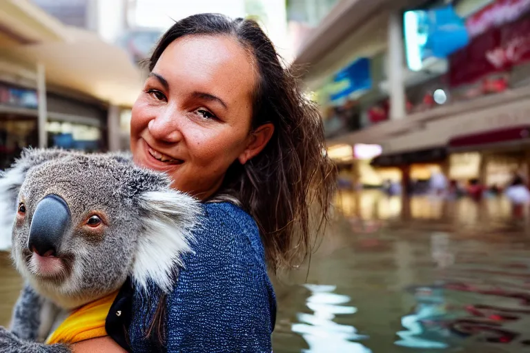 Image similar to closeup portrait of a woman carrying a koala over her head in a flood in Rundle Mall in Adelaide in South Australia, photograph, natural light, sharp, detailed face, magazine, press, photo, Steve McCurry, David Lazar, Canon, Nikon, focus