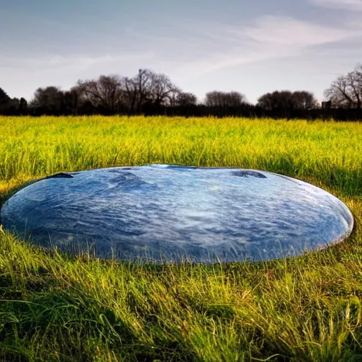 Prompt: a field with a house in the distance, a small stream flowing through the field, all inside a sphere