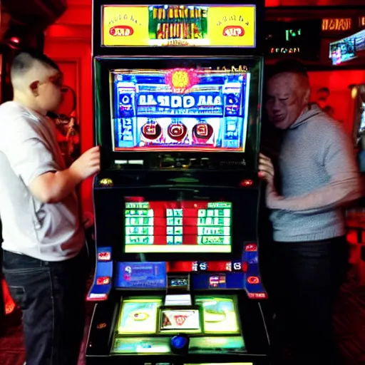 Prompt: r 2 d 2, the dalai lama and james wade playing on the gambling machine in aldershot wetherspoons