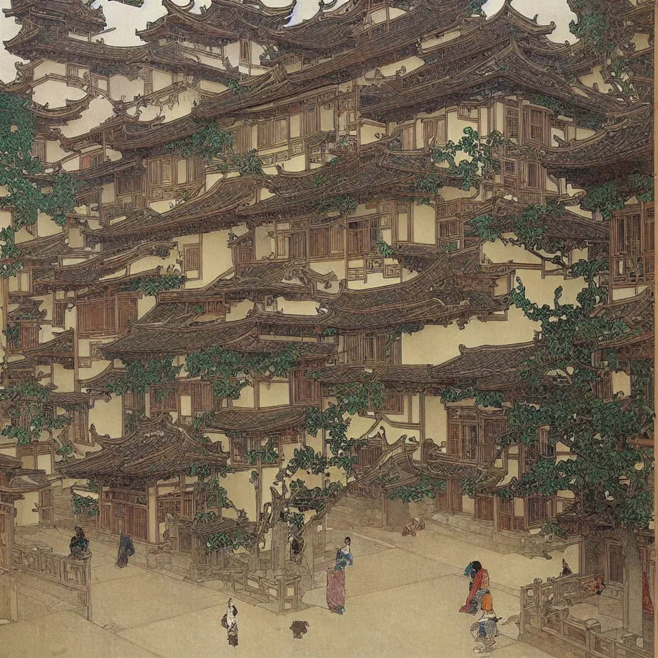 Image similar to a painting of hongcun ancient village houses by alphonse mucha and aaron horkey