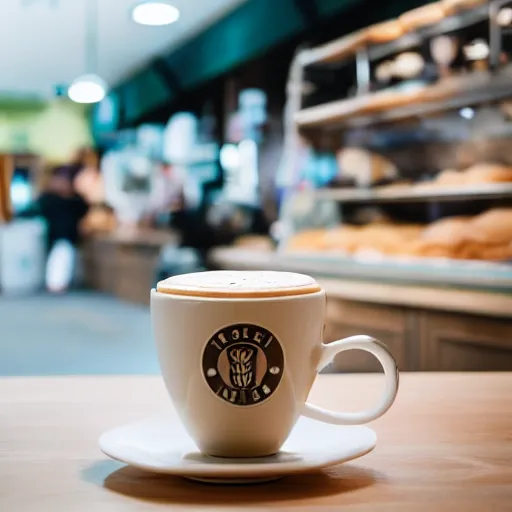 Image similar to a cup of latte in a mug imitating a toilet, fresh bakeries in the background, in a bright cafe, 3 5 mm, f 1. 8