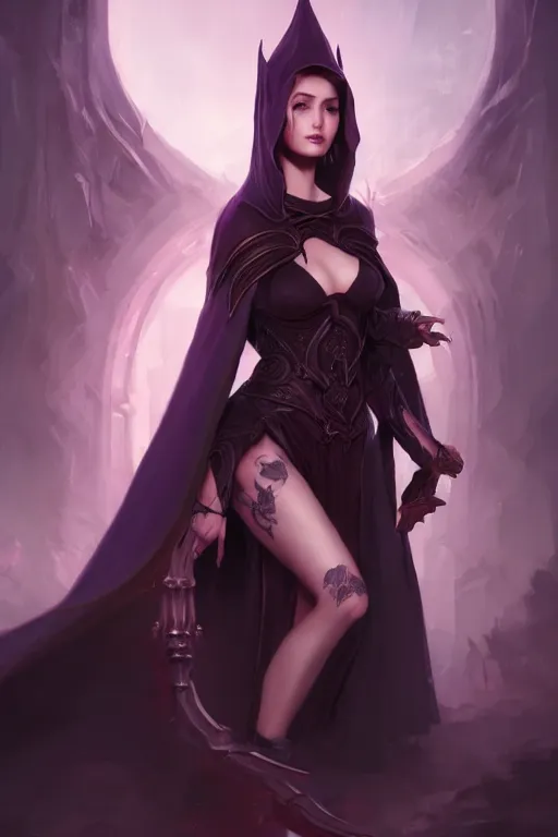 Prompt: Fantasy portrait, Necromancer, female, beautiful face, dark garments, dark pruple robes, midriff, Black cloak from neck to ankles, pin-up, shaped legs, matte painting, by WLOP, artstation