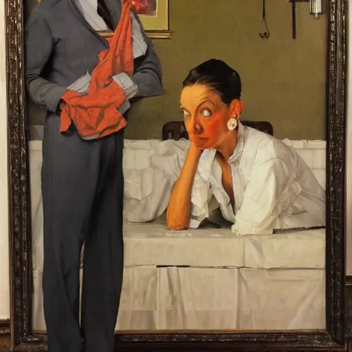 Image similar to a thin man is horrified by an oil painting of his wife, painted by norman rockwell and tom lovell and frank schoonover