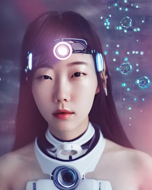 Image similar to beautiful centered photo of korean girl as a solarpunk cyborg with white mechanical parts and implanted bright halogen lamps, treading above calm water, ultra - realistic and detailed, sun lit, white background, bokeh, soft focus, slow exposure hdr 8 k