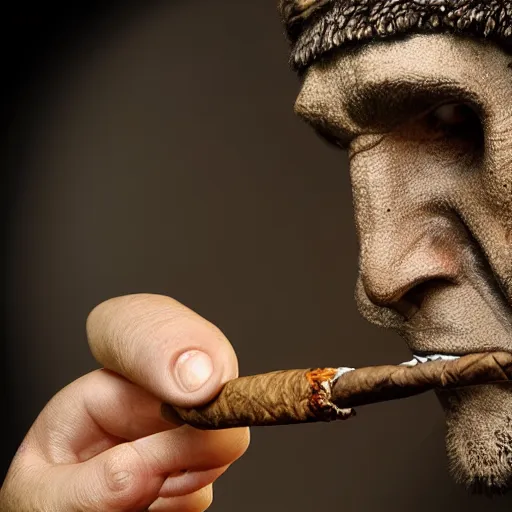 Image similar to realistic photo portrait of a prehistoric man smokibg cigar, volumetric lights, trending on artstation, studio photo, intricate details, highly detailed