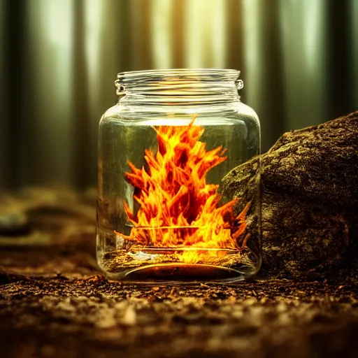 Prompt: glass jar with a burning forest inside, standing on a rock, bokeh, dark background, dramatic lighting, hyperrealistic, volumentric lighting, highly detailed, reflections, refractions