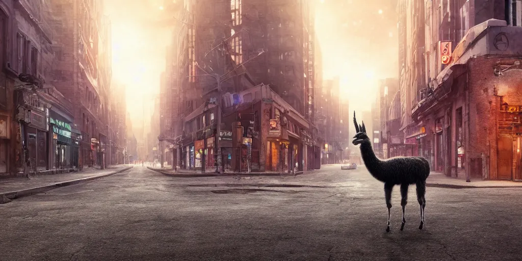 Image similar to a llama walking through a desolate city street at night, realistic 4 k octane beautifully detailed render, 4 k post - processing, highly detailed, intricate complexity, epic composition, magical atmosphere, cinematic lighting, masterpiece, ultra hd