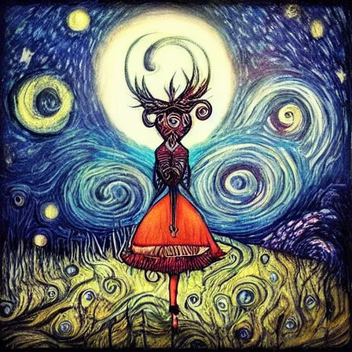 Prompt: decorative by alexander jansson, by keith mallett. a beautiful performance art of a woman with long flowing hair, wild animals, & a dark, starry night sky.