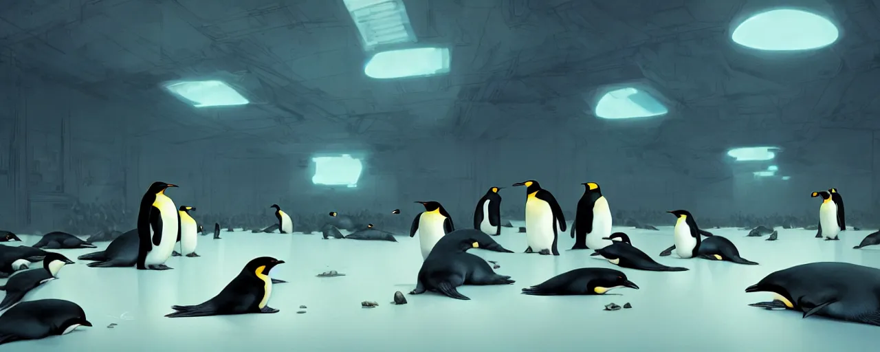 Image similar to duotone concept illustration of emperor penguins in modern computer room. cinematic scene. volumetric lighting. golden ratio accidental renaissance. by sachin teng and sergey kolesov and ruan jia and heng z. graffiti art, scifi, fantasy, hyper detailed. octane render. concept art. trending on artstation