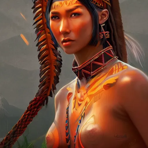 Image similar to hyperrealistic very beautiful tribal warrior women in front of a village, lucious appearance, joyful vibe and lighting, cgsociety, artstation, in the style of artgerm