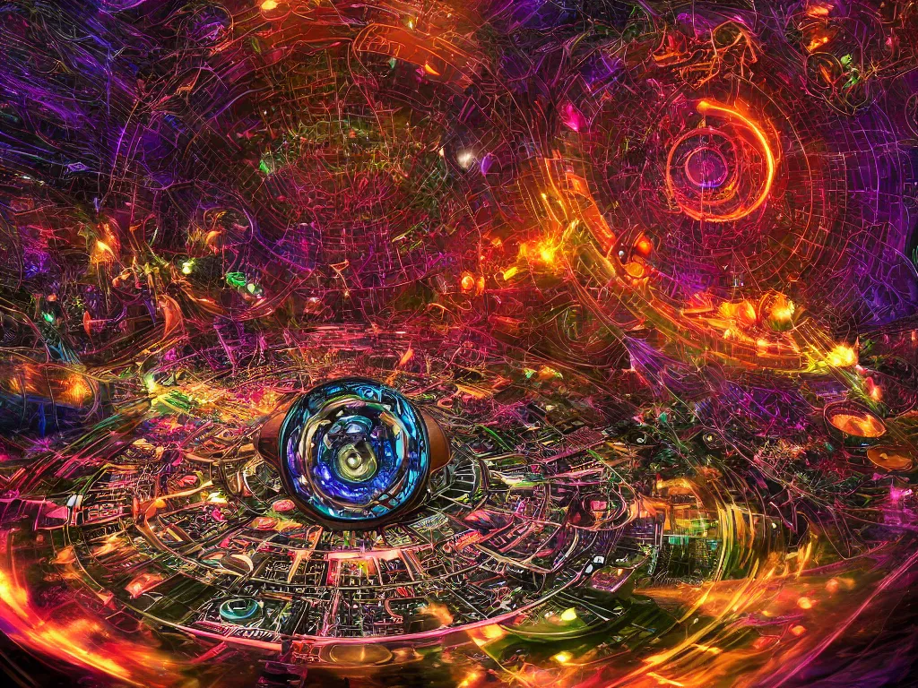 Prompt: an incredible masterpiece of a mystical dj playing a vast array of highly evolved and complex musical technology surrounded by an incredible and complex circular structure in the cosmos, by android jones, octane render, 8 k