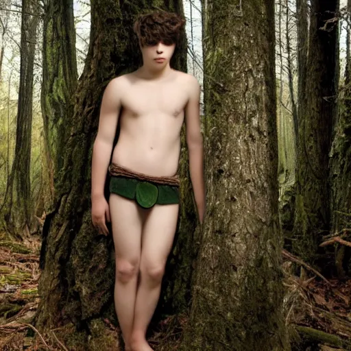 Image similar to a teenage boy, around 1 9 yo. looking sad. natural brown hair. loincloth, pale skin. detailed face. ominous and eerie looking forest i'm background. natural colors.