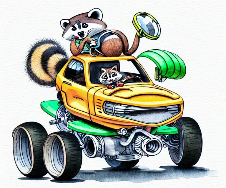 Image similar to cute and funny, racoon wearing a helmet riding in a tiny 4 wheeler with oversized engine, ratfink style by ed roth, centered award winning watercolor pen illustration, isometric illustration by chihiro iwasaki, edited by range murata, tiny details by artgerm, symmetrically centered