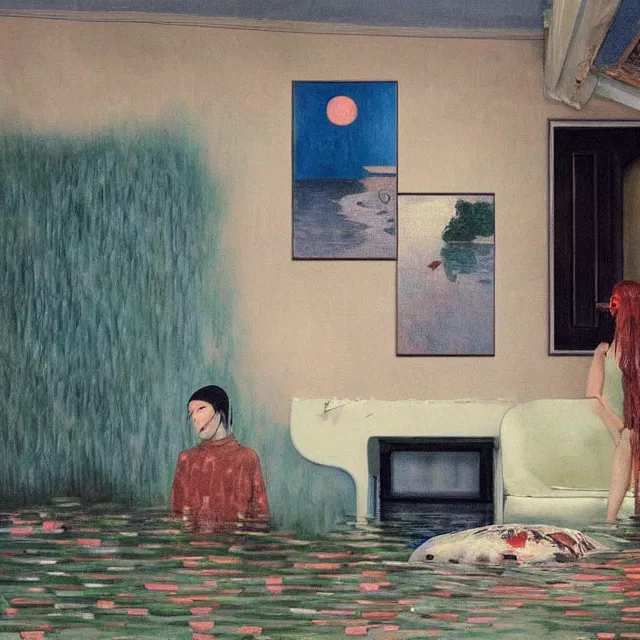 Image similar to tall female emo artist in her flooded apartment, water gushing from ceiling, painting of flood waters inside an artist's home, a river flooding indoors, pomegranates, pigs, ikebana, zen, water, octopus, river, rapids, waterfall, black swans, canoe, berries, acrylic on canvas, surrealist, by magritte and monet