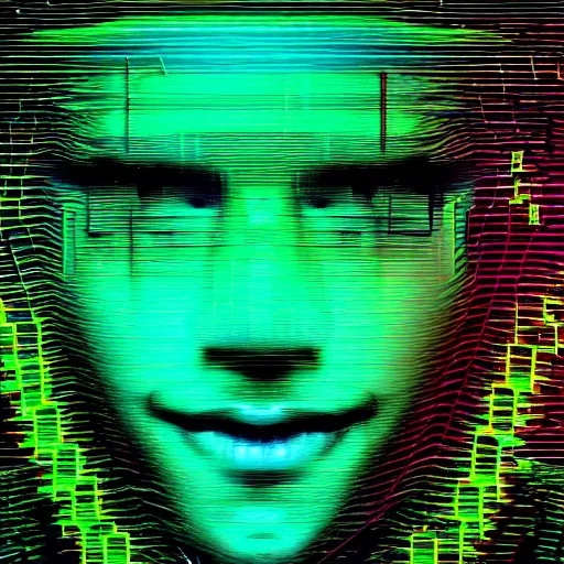 Image similar to hyperrealistic portrait of a cyberpunk teenager, male, smiling, immersed within a glitch network, digital ui, by Guy Denning, Metzinger, Russ Mills, glitch art, hacking effects, glitch effects, digital al tech effects, chromatic, color blocking!, green blockings, acrylic on canvas, concept art, abstract, trending on cgsociety, trending on artstation