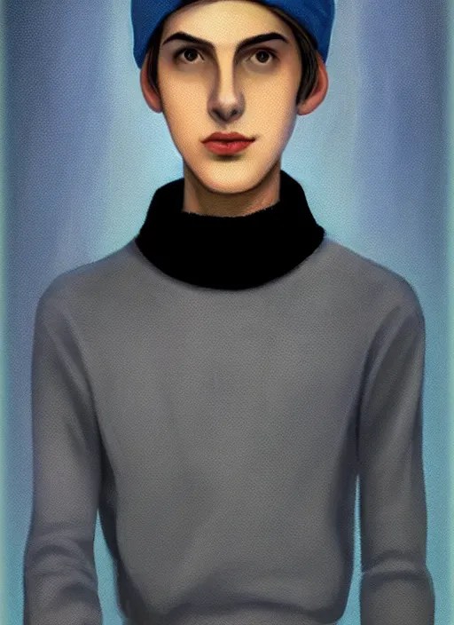 Image similar to portrait of teenage jughead jones wearing a light grey crown, crown, blue turtleneck, 1 9 5 0 s, closed eyes, photorealistic, black hair, glowing lighting, intricate, elegant, glowing lights, highly detailed, digital painting, artstation, concept art, smooth, sharp focus, illustration, art by wlop, mars ravelo and greg rutkowski