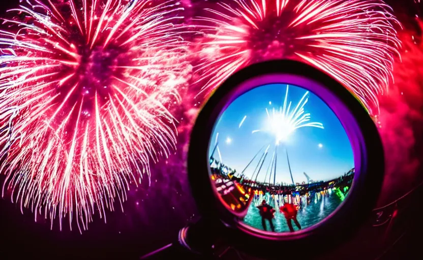 Prompt: extreme close up with a fish eye lens at the glabella of a very happy man with fireworks and a carnival in the background