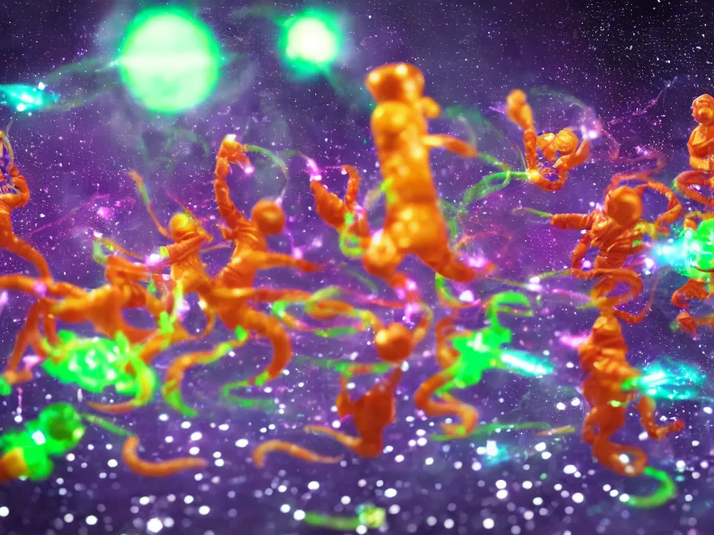 Image similar to a hyperrealistic portrait of ninjas in space opening a bottle of glowing worms and drinking fluorescent liquid , tilt shift, 8k