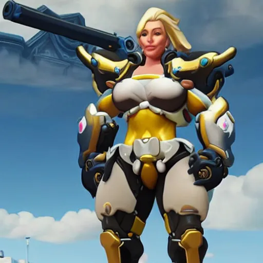 Image similar to a screenshot of arnold schwarzenegger as mercy in overwatch