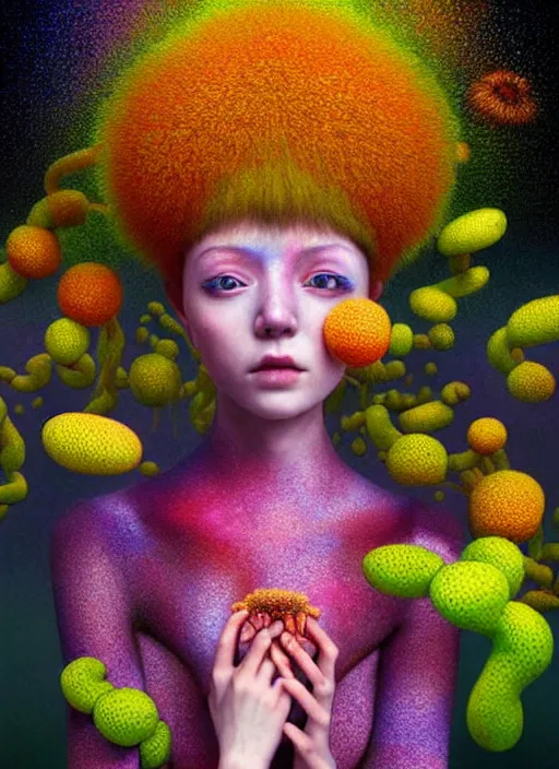 Image similar to hyper detailed 3d render like a Oil painting - kawaii fullbody standing portrait Aurora (auburn haired Singer Weaslwaif) seen Eating of the Strangling network of yellowcake aerochrome and milky Fruit and Her delicate Hands hold of gossamer polyp blossoms bring iridescent fungal flowers whose spores black the foolish stars by Jacek Yerka, Mariusz Lewandowski, Houdini algorithmic generative render, Abstract brush strokes, Masterpiece, Edward Hopper and James Gilleard, Zdzislaw Beksinski, Mark Ryden, Wolfgang Lettl, hints of Yayoi Kasuma, octane render, 8k